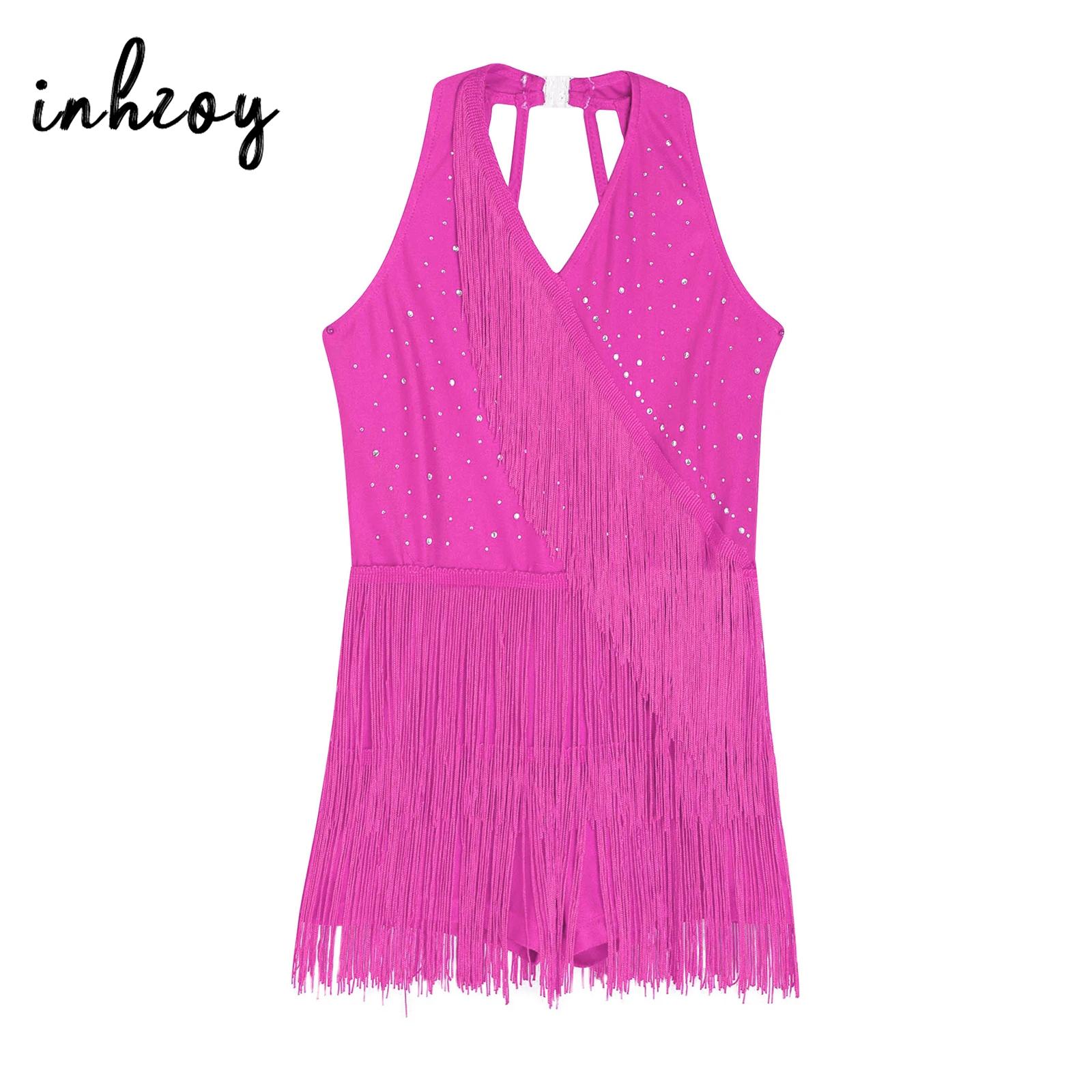 Kids Girls Latin Leotard Dress - Rhinestone Banding Trim avaliação e preço
