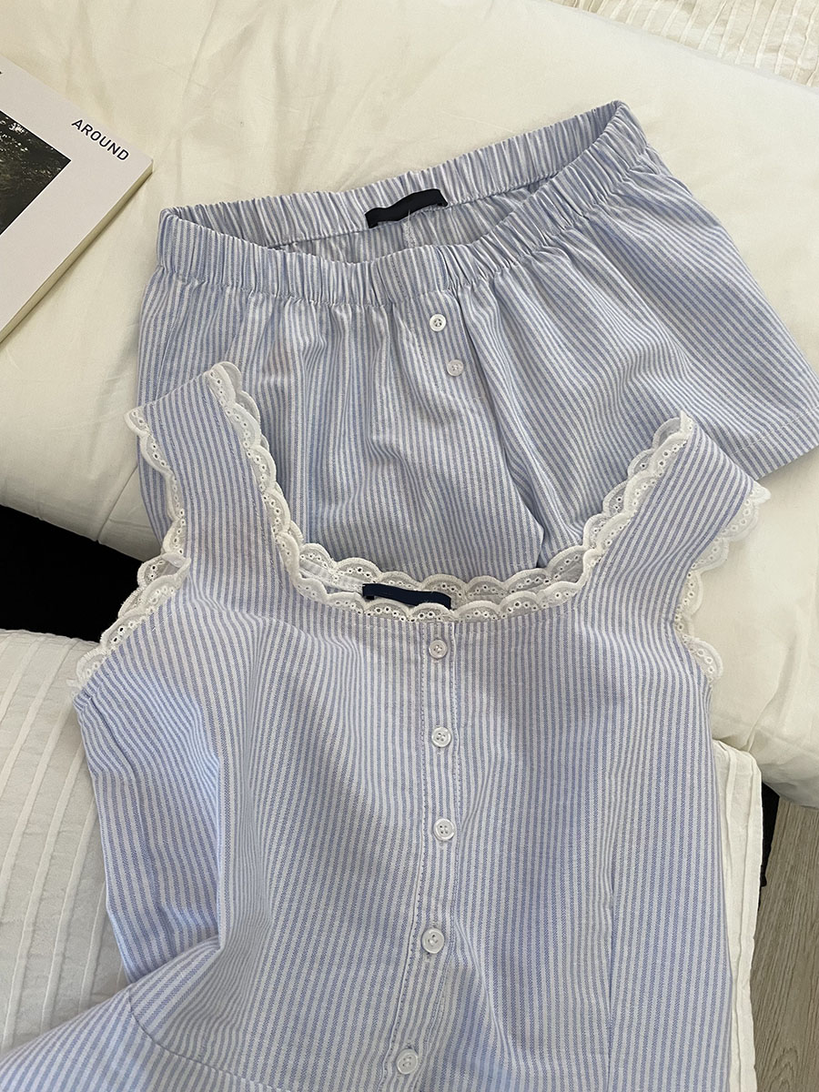 Blue Striped Shorts 2 Piece Se - Elastic Lace Trim avaliação e preço