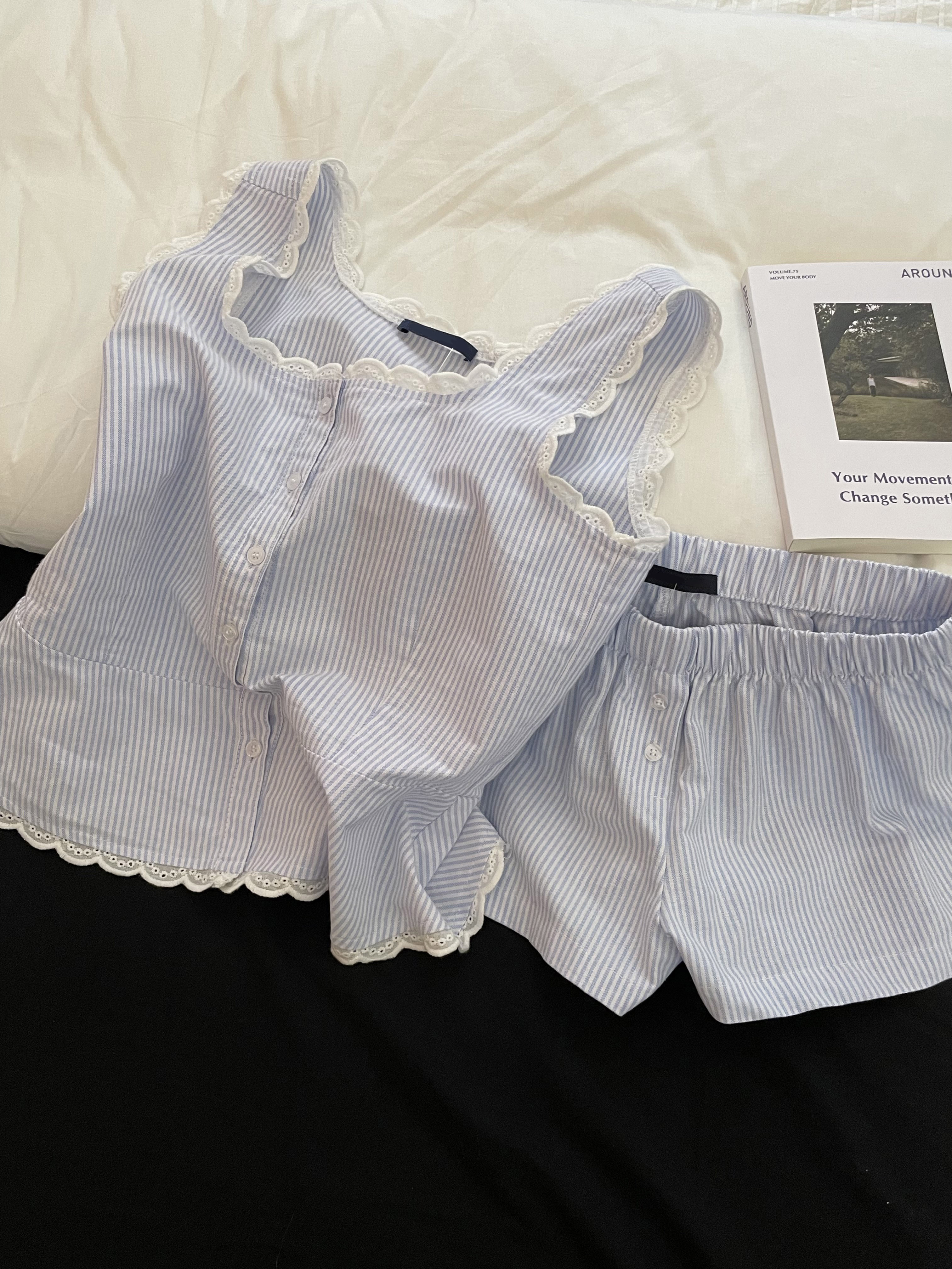 Blue Striped Shorts 2 Piece Se - Elastic Lace Trim avaliação e preço