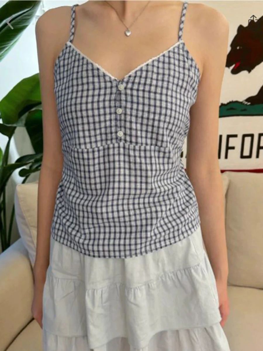 Navy Plaid Tank Shorts 2 Piece - Elastic Lace Trim avaliação e preço