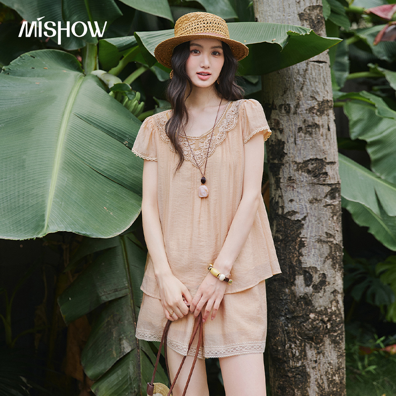 MISHOW Lace Round Neck Top Sho - Elastic Lace Trim avaliação e preço