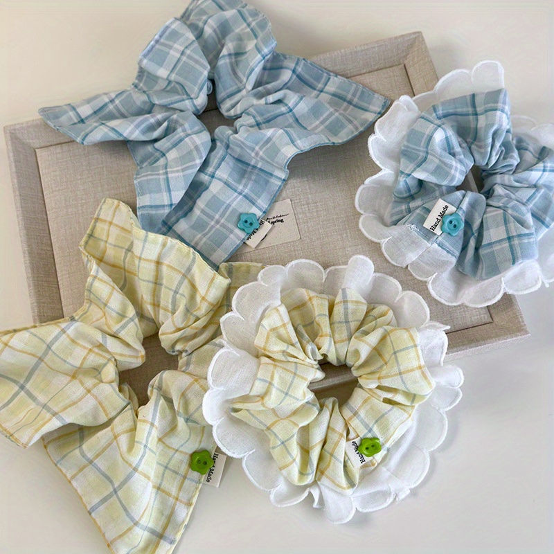 Mint-Green Checkered Hair Tie  - Elastic Lace Trim avaliação e preço