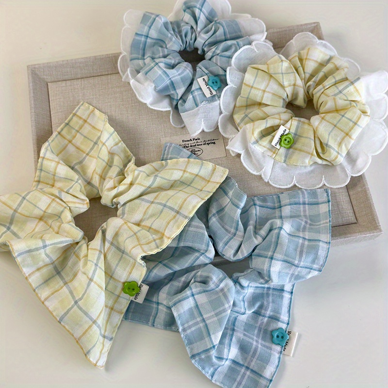 Mint-Green Checkered Hair Tie  - Elastic Lace Trim avaliação e preço