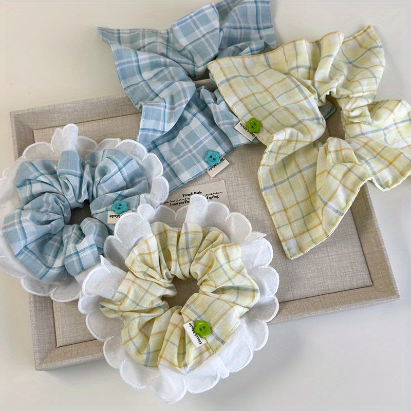 Mint-Green Checkered Hair Tie  - Elastic Lace Trim avaliação e preço