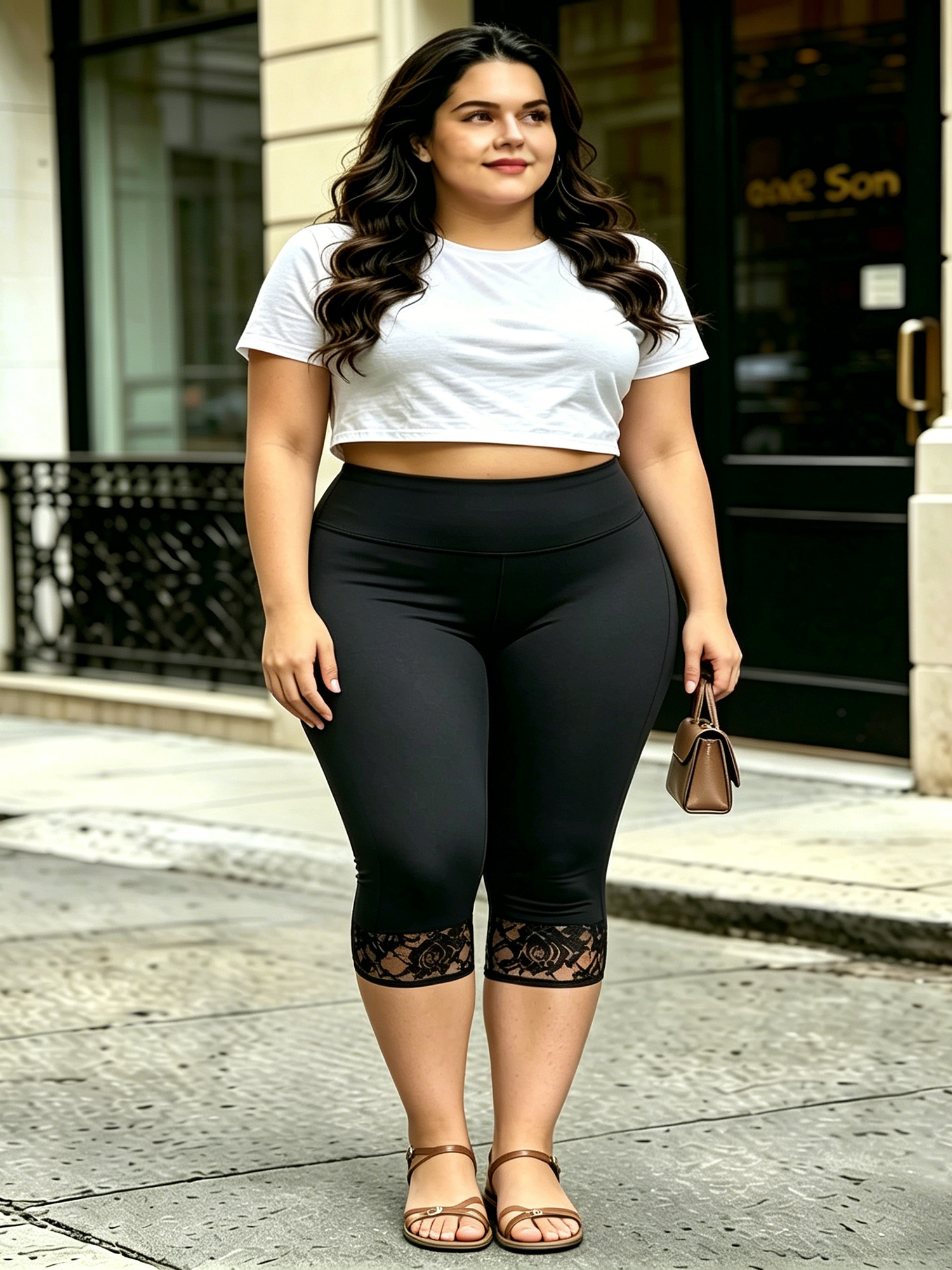 Capri Leggings Cropped Casual  - Elastic Lace Trim avaliação e preço