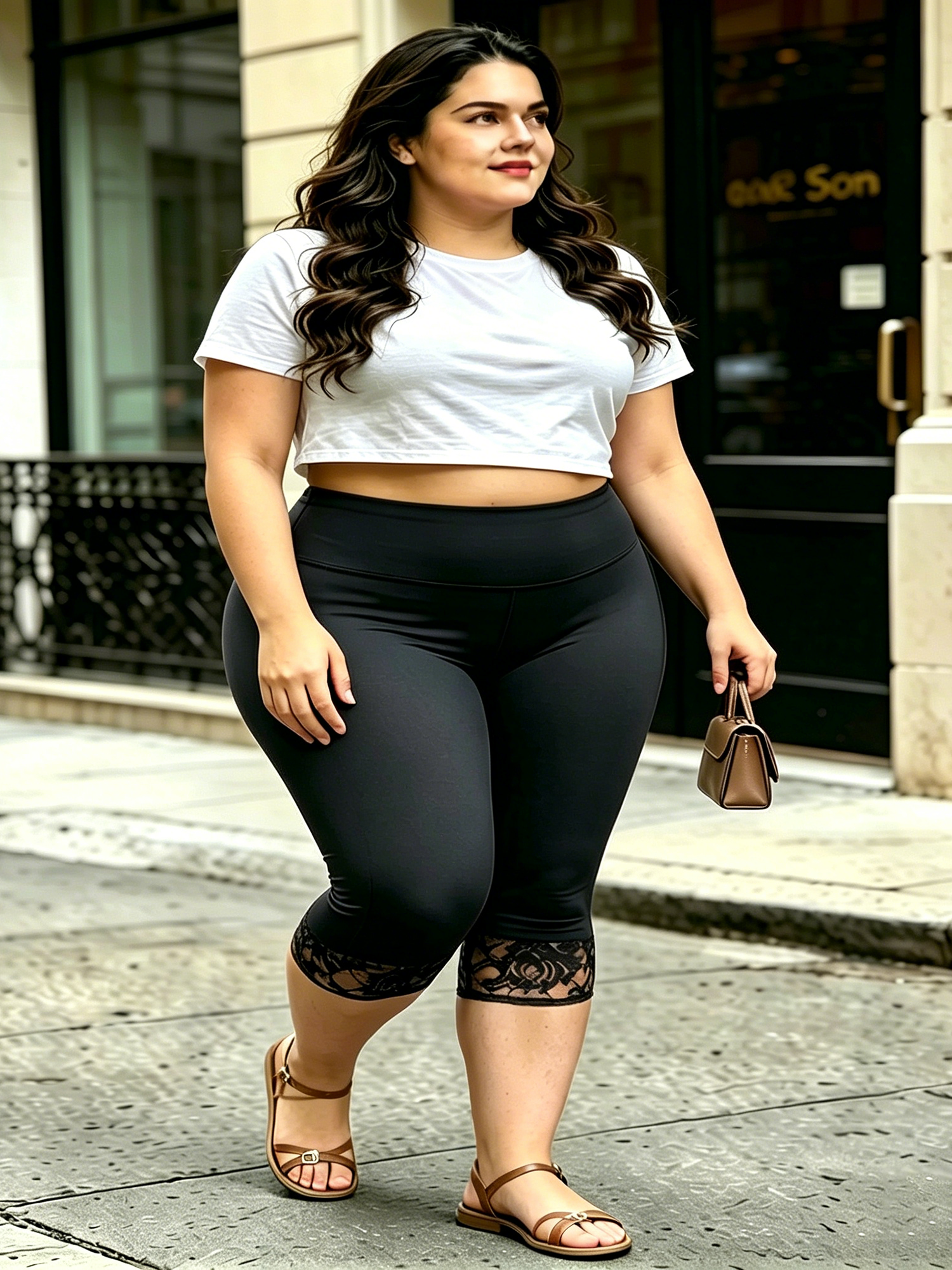 Capri Leggings Cropped Casual  - Elastic Lace Trim avaliação e preço