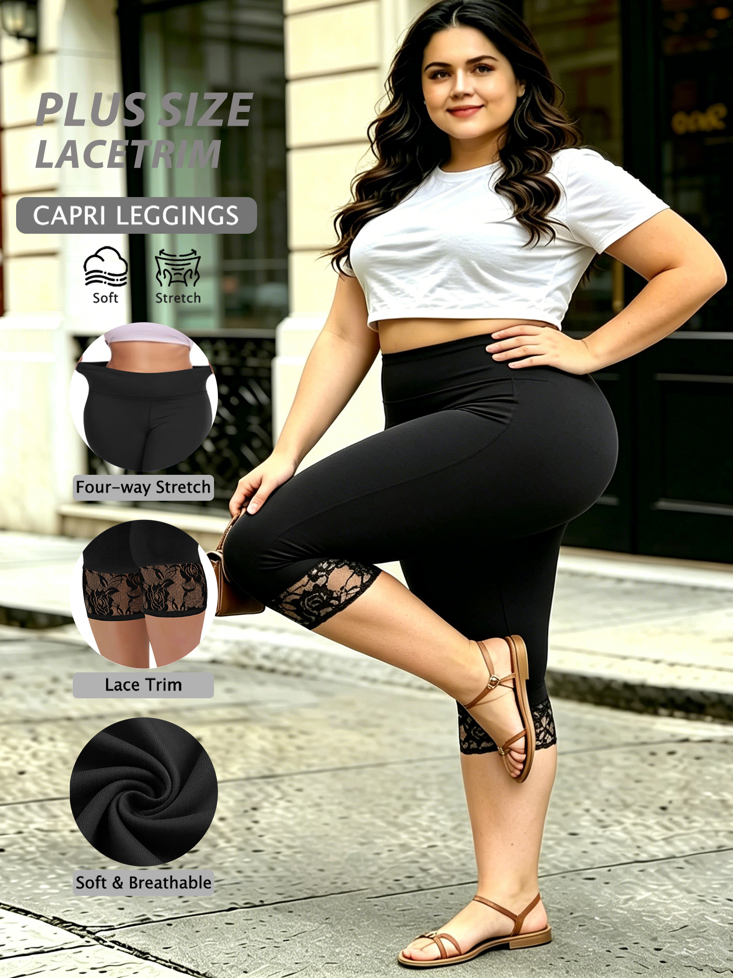 Capri Leggings Cropped Casual  - Elastic Lace Trim avaliação e preço